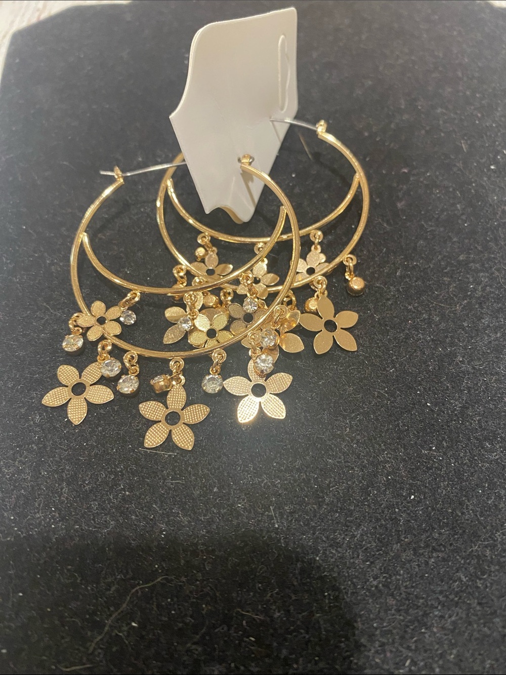 Gold Floral Hoop Earrings with Dangle Crystal Accents